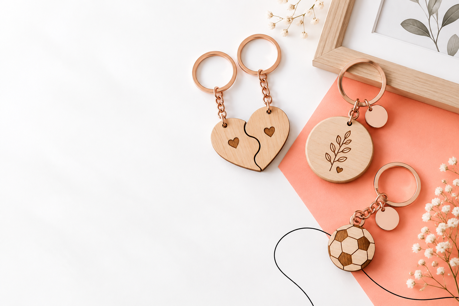 Llaveros personalizados de madera y metal en tonos coral y dorado